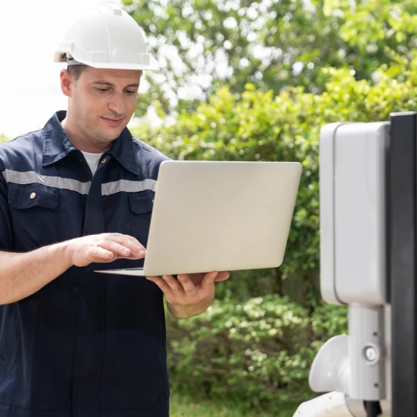 Un homme portant un casque de sécurité et une chemise bleue, travaillant sur une installation.