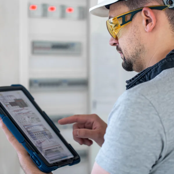 Un homme portant un casque de sécurité et des lunettes, prêt pour des travaux de mise à niveau.