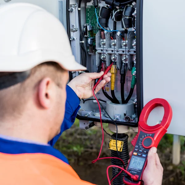 Un homme en gilet orange utilise un multimètre pour vérifier le système électrique lors de l'installation.