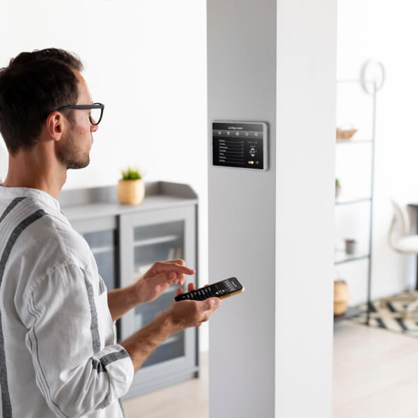 Un homme avec des lunettes consulte son smartphone pour gérer la domotique d'une maison intelligente au Québec
