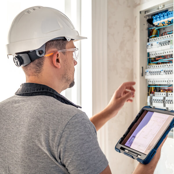 Un homme portant un casque et des lunettes consulte une tablette tout en vérifiant un panneau électrique.