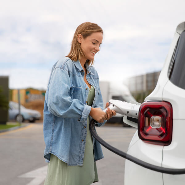 Une femme charge sa voiture électrique, illustrant les avantages d'Électricité Chevalier.
