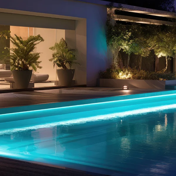 Une piscine illuminée avec des lumières, entourée d'une terrasse accueillante.