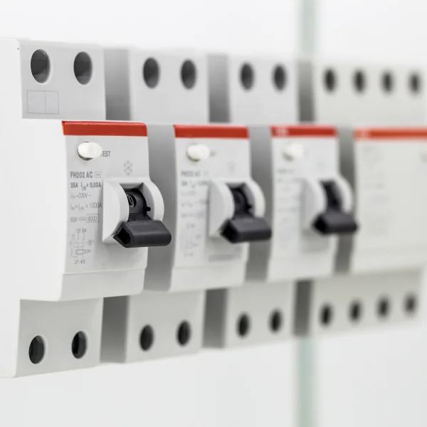 Disjoncteurs électriques installés sur un mur dans un espace dédié à la piscine et au spa.