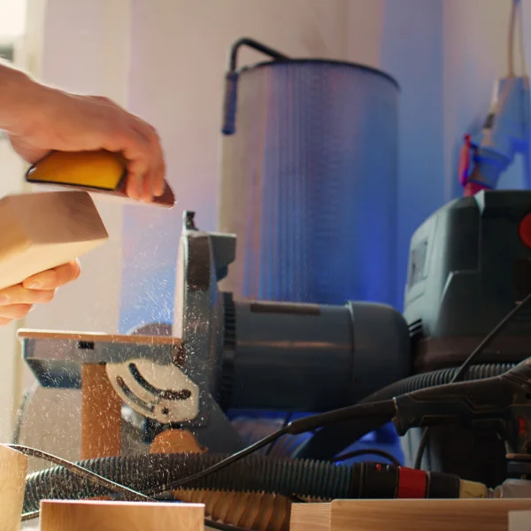 Une personne utilise une meuleuse pour travailler sur un projet avec une génératrice automatique à proximité.